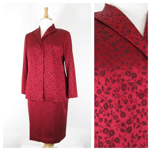 Elana By Tanner Plus Size Red Black Floral Jacquard Skirt Suit Size 14 Formal - Picture 1 of 16